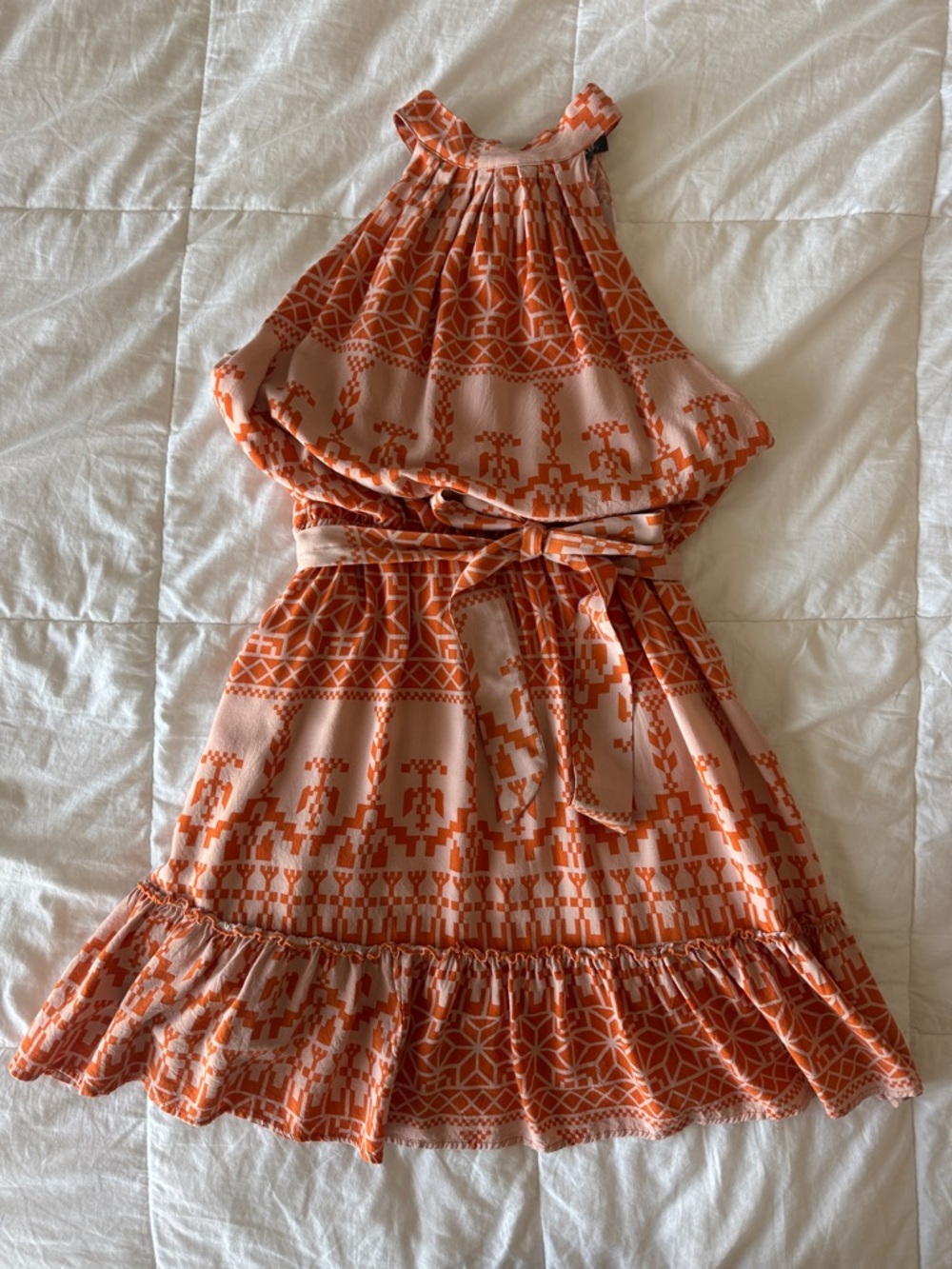 Orange Geometric Print Halter Neck Tiered BTFBM Mini Dress Tie Waist Lined Large